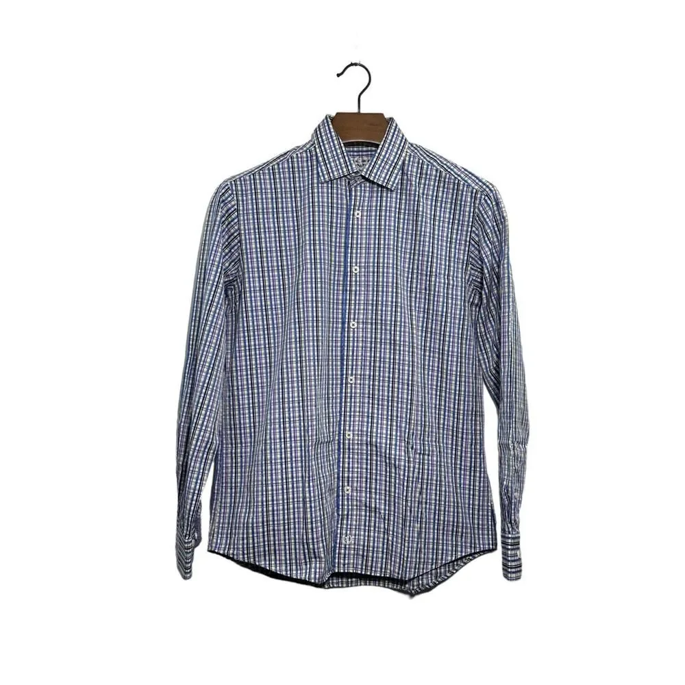 Bugatchi Blue Purple Yellow Striped‎ Long Sleeve Button Up Shirt Mens Medium